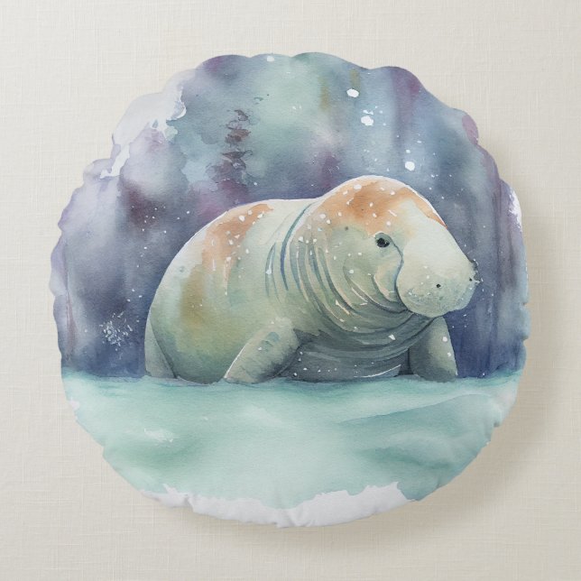 Herrenhaus, Schnee, Aquarell Rundes Kissen (Vorderseite)