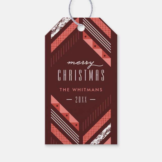 Herringbone Band Holiday Foto Gift Tag - Rot Geschenkanhänger (Vorderseite)