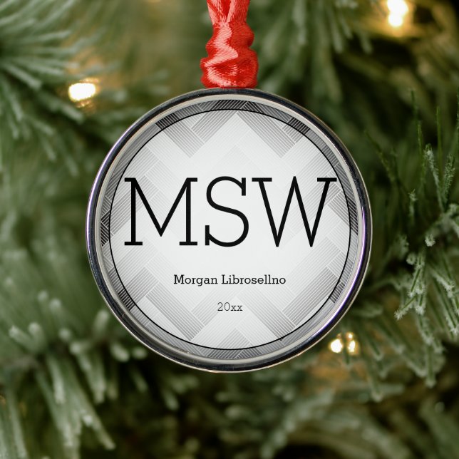 Herringbone Grey Black MSW Abschluss Name Year Ornament Aus Metall (Baum)