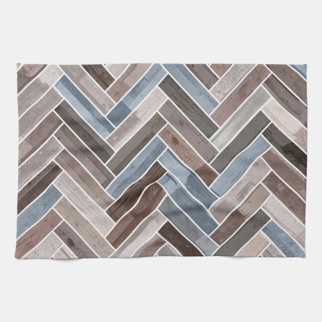 Herringbone-Muster in Blue Brown Grau Geschirrtuch (Horizontal)