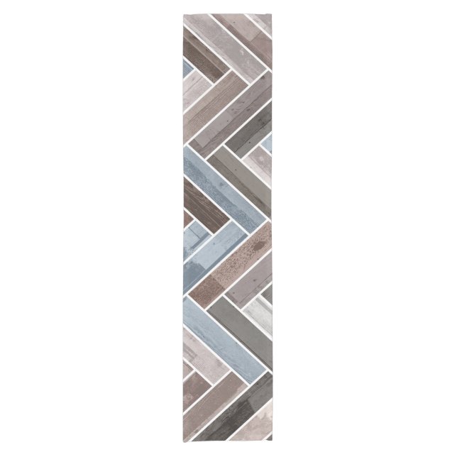 Herringbone-Muster in Blue Brown Grau Kurzer Tischläufer (Vorderseite)