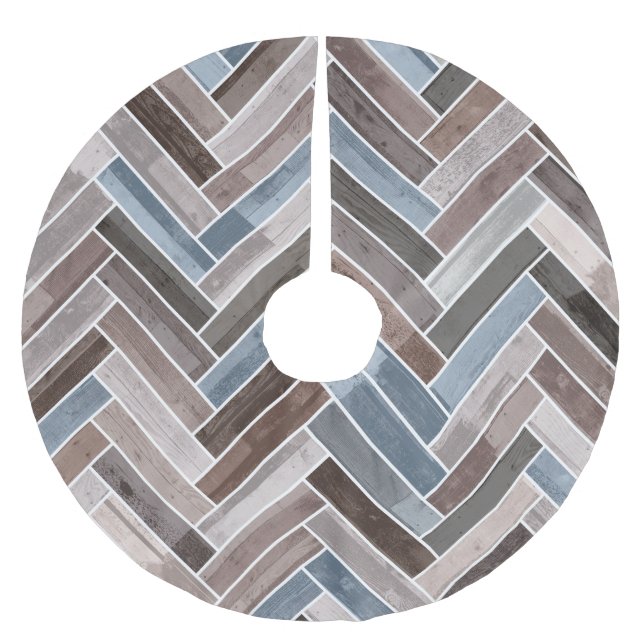Herringbone-Muster in Blue Brown Grau Polyester Weihnachtsbaumdecke (Vorderseite)