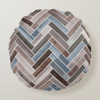 Herringbone-Muster in Blue Brown Grau Rundes Kissen