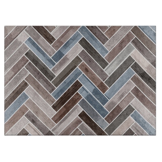 Herringbone-Muster in Blue Brown Grau Schneidebrett (Vorderseite)