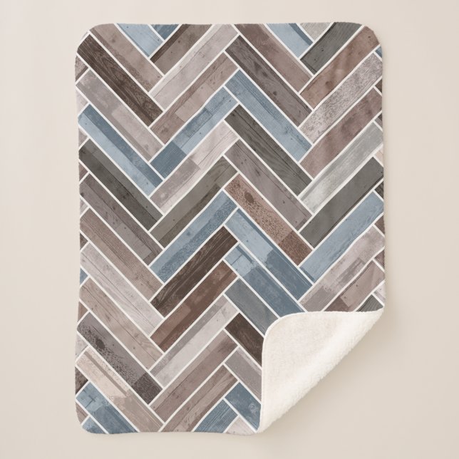 Herringbone-Muster in Blue Brown Grau Sherpadecke (Vorderseite)