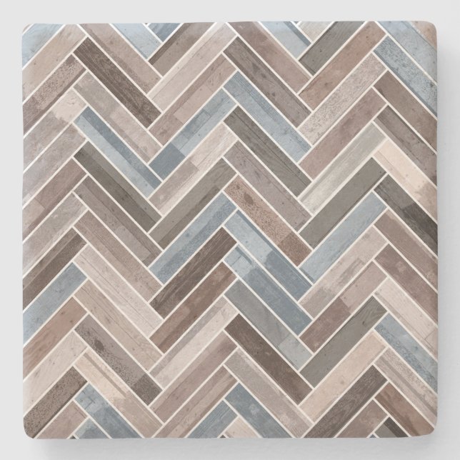 Herringbone-Muster in Blue Brown Grau Steinuntersetzer (Vorderseite)