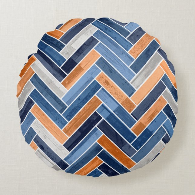 Herringbone-Muster in Navy Blue und Orange Rundes Kissen (Vorderseite)