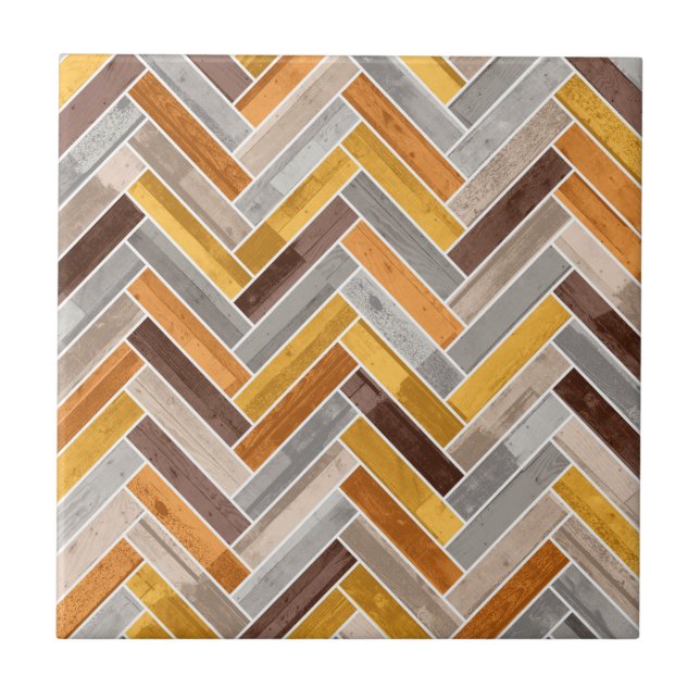 Herringbone-Muster in Orange Brown Gray Fliese (Vorderseite)