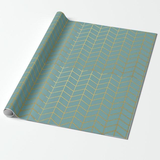 Herringbone Pattern Faux Gold Foil Teal Geometric Geschenkpapier (Ungerollt)