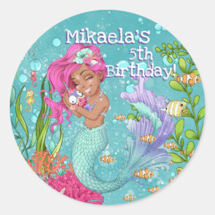 Herrlich Pink Hair Mermaid Birthday Runder Aufkleber