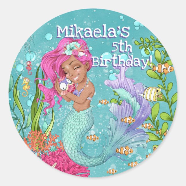 Herrlich Pink Hair Mermaid Birthday Runder Aufkleber (Vorderseite)
