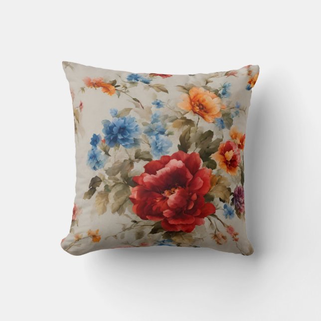 Herrlich zartes Rot, Blau, Gelb, Rosa Blume Kissen (Vorderseite)