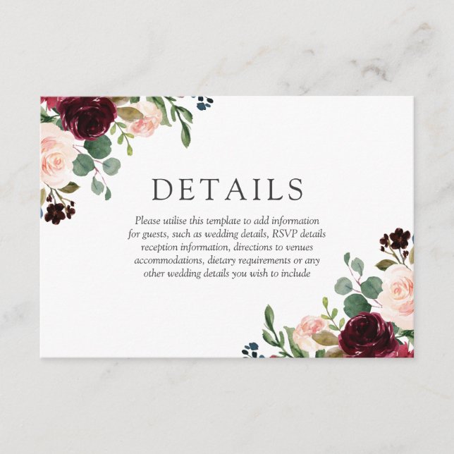 Herrliche Blume Blush & Burgund Hochzeit Begleitkarte (Vorderseite)