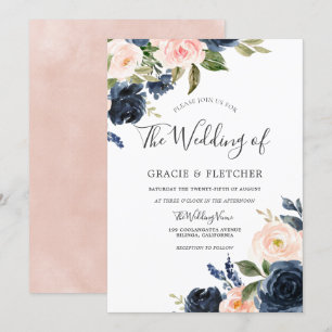 Herrliche Blume Blush & Navy Hochzeit Einladung