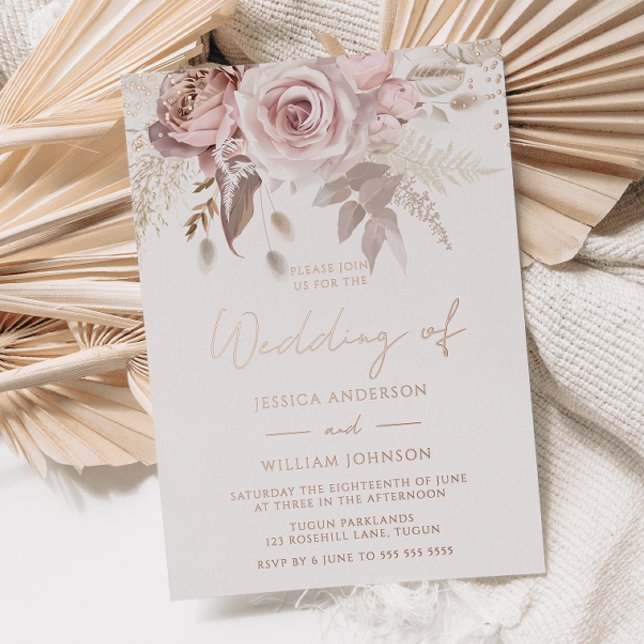 Herrliche Blush & Dusty Rose Hochzeit Rose Gold Folieneinladung (Von Creator hochgeladen)
