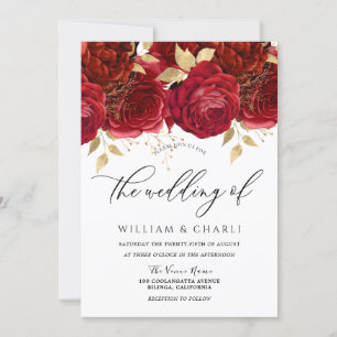 Herrliche Burgund-Rote Rosen Romantische Hochzeit Einladung