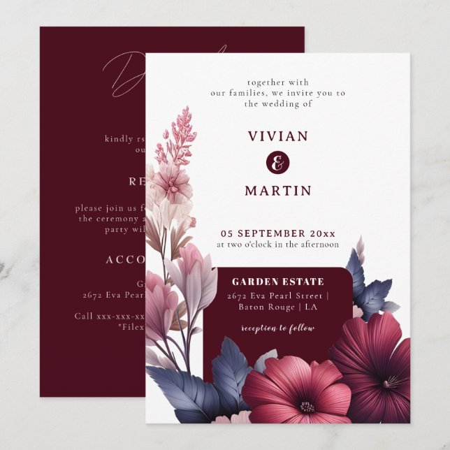 Herrliche Burgunder-Blüte auf einer Hochzeit Einladung (Vorne/Hinten)