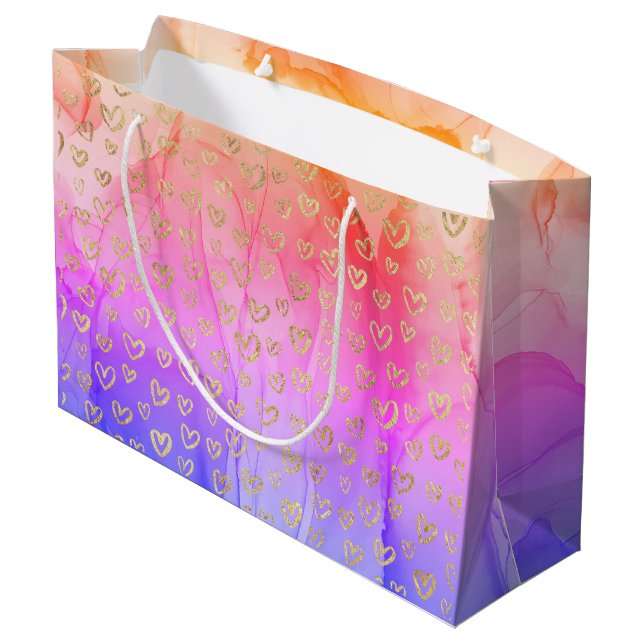 Herrliche Girly Pink Lila Goldherzen Große Geschenktüte (Rückseite Schrägansicht)