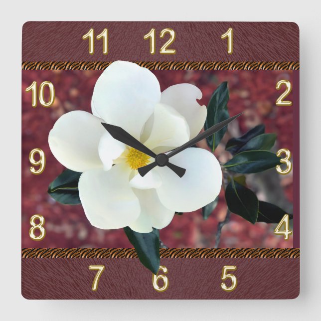 Herrliche Magnolien-Uhr, Burgunder oder IHRE Quadratische Wanduhr (Vorderseite)