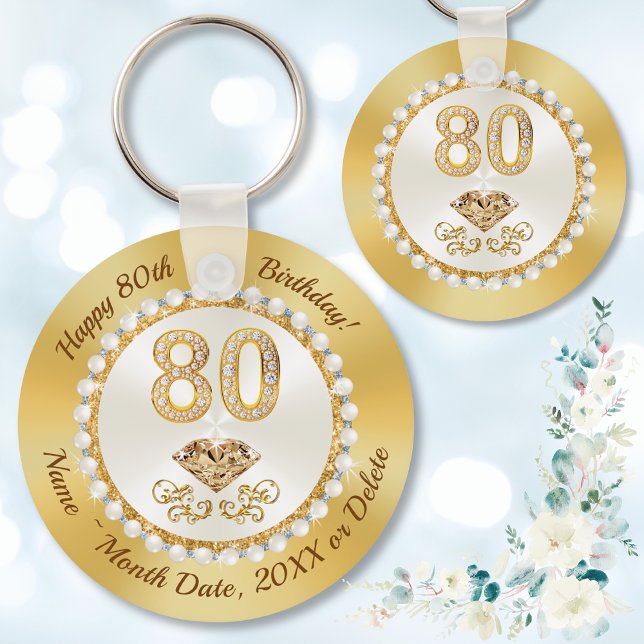 Herrliche, Personalisierte Favoriten für den 80. G Schlüsselanhänger (80th birthday party favors. Party favors for 80th birthday ideas. Gold and Ivory, 80th birthday)
