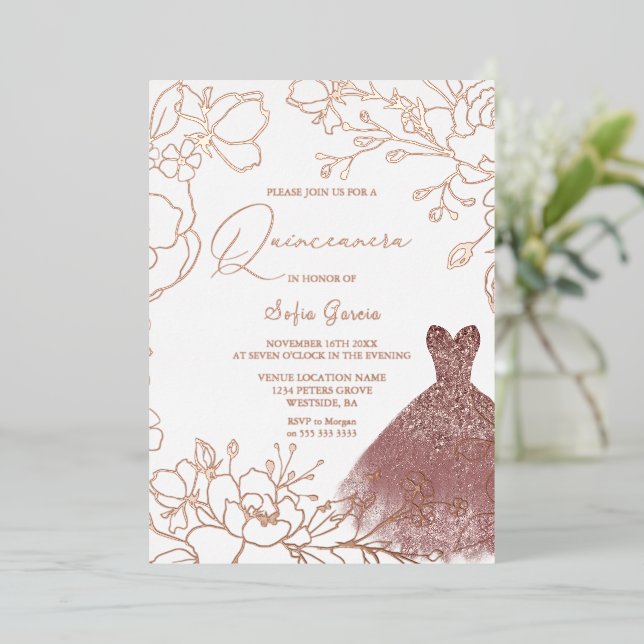 Herrliche Rose Gold Blätter Blush Dress Quinceaner Folieneinladung (Stehend vorne)