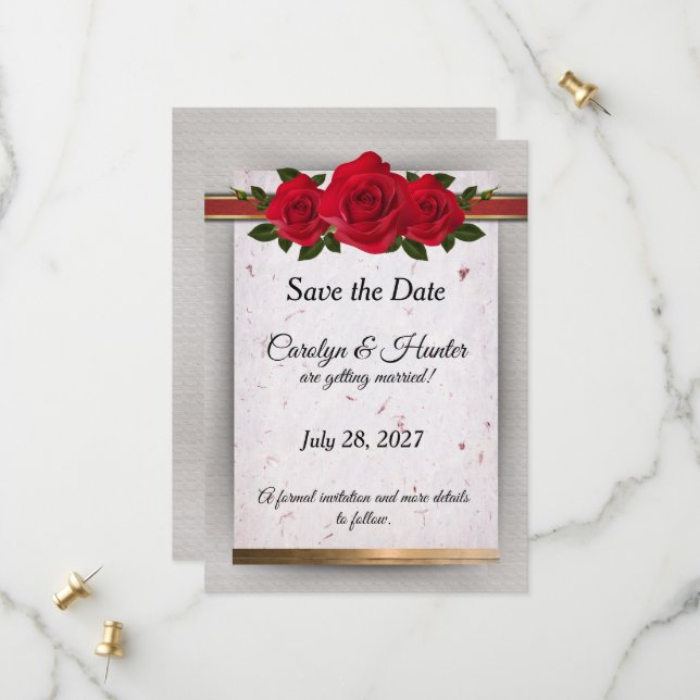Herrliche Rote Rosen mit Goldakzenten Hochzeit Save The Date (Vorderseite/Rückseite Beispiel)