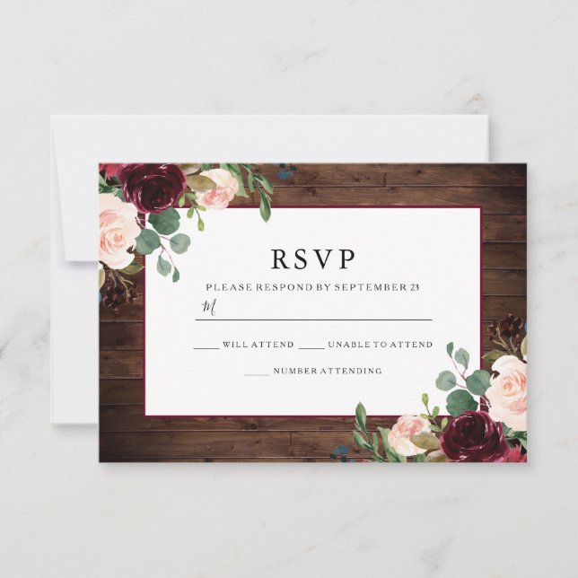 Herrliche Rustikale Blume Burgund Elegante Hochzei RSVP Karte (Vorderseite)