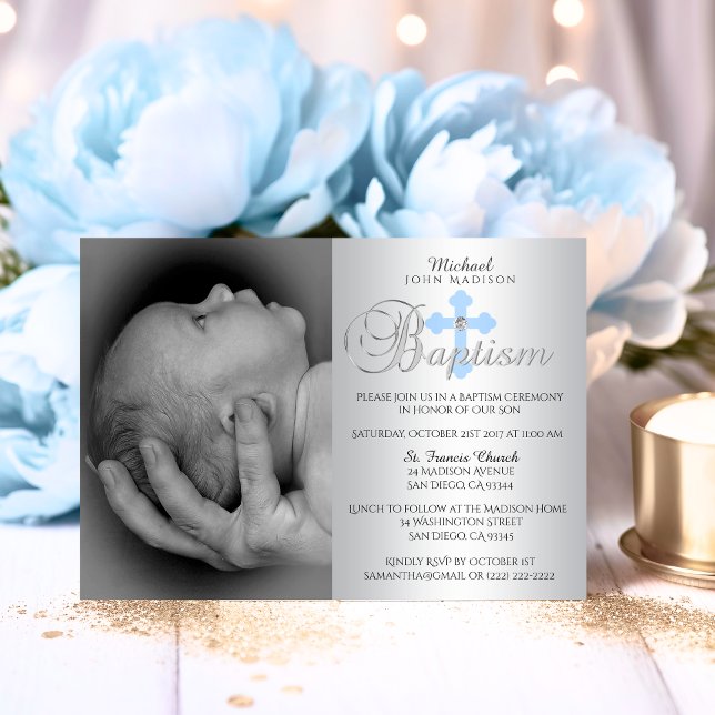 Herrliche Silberblauer FOTO-Taufe Einladung (Gorgeous Silver Blue Cross Boy PHOTO Baptism Invitation)