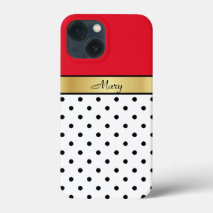Herrlicher Kirschrot, Gold, Weiß und Schwarz Polka iPhone 13 Mini Hülle