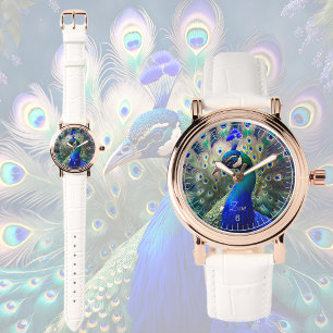 Herrlicher Pfau mit aquamarinem und goldenem Abstu Armbanduhr