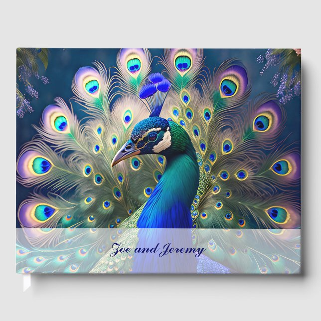 Herrlicher Pfau mit aquamarinem und goldenem Abstu Gästebuch (Vorderseite)