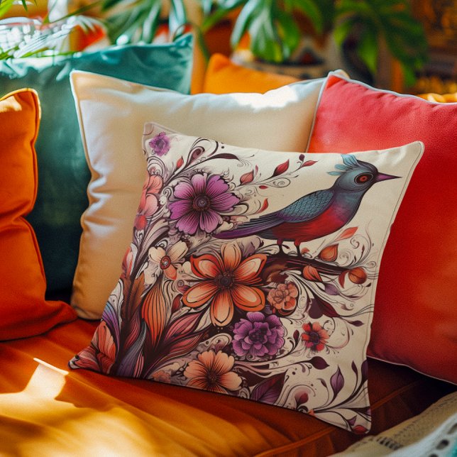 Herrlicher Roter Vogel und Blütensommer Kissen (Gorgeous Red bird and floral Summer Throw Pillow)