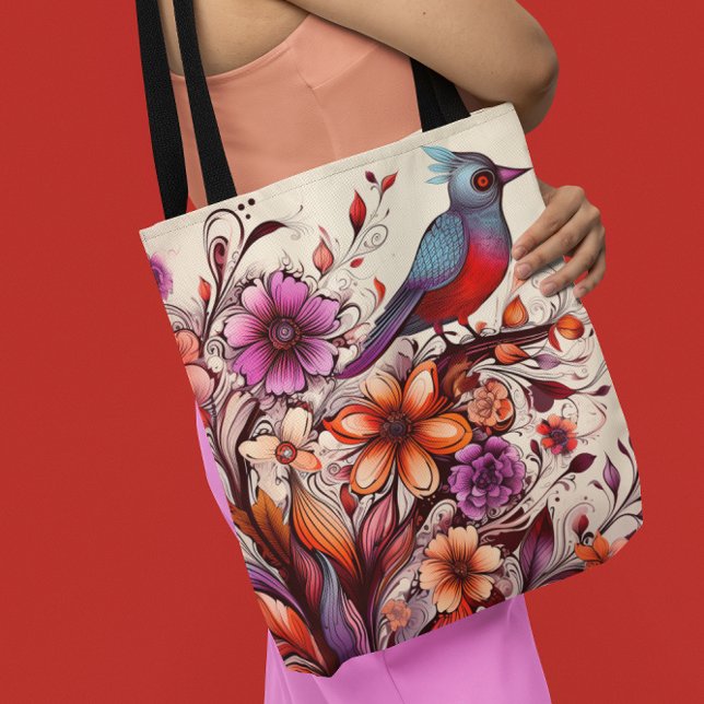 Herrlicher Roter Vogel und Blütensommer Tasche (Gorgeous Red bird and floral Summer Tote Bag)
