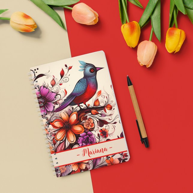 Herrlicher Roter Vogel und geblümter Name Sommer Notizblock (Gorgeous Red bird and floral custom name Summer Notebook)