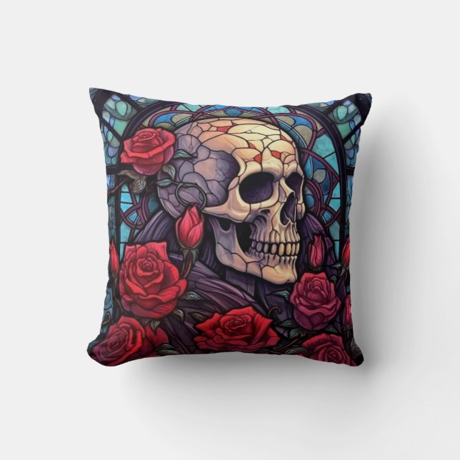 Herrlicher Schädel und Rote Rosen Kissen (Vorderseite)