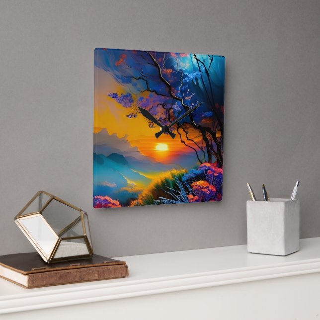 Herrlicher Sonnenaufgang über dem Teich Quadratische Wanduhr (Büro)
