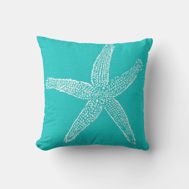 Herrliches Aqua mit weißem Starfish-Leinwand-Blick Kissen (Vorderseite)