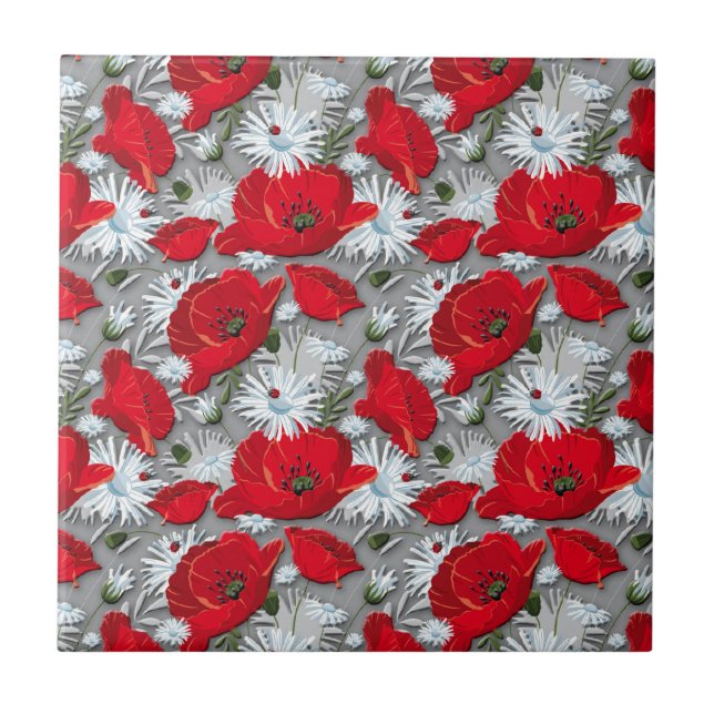 Herrliches rotes Mohnblumensommer-Blumenmuster Fliese (Vorderseite)