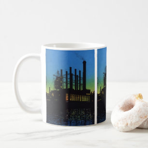 Herstellungsfabrik bei Sonnenuntergang, Vintage-Ge Kaffeetasse