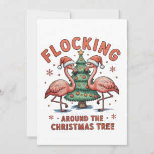 Herumflattern um den Weihnachtsbaum Rosa Flamingo Feiertagskarte