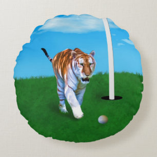 Herumstreichender Tiger und Golfball kundengerecht Rundes Kissen