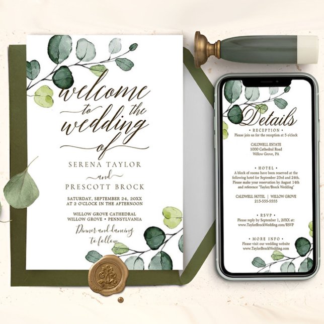 Herunterladbare Eukalyptus-Kalligrafie-Hochzeit Einladung (eucalyptus wedding invite)