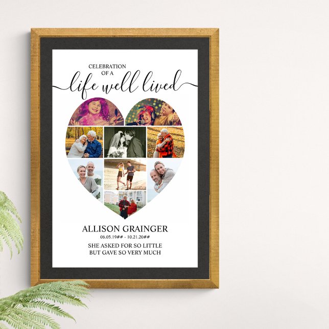 Herz 9 Foto Collage Leben gut Lebende Beerdigung Poster (Funeral memorial poster to order professionally printed or as a printable digital download)