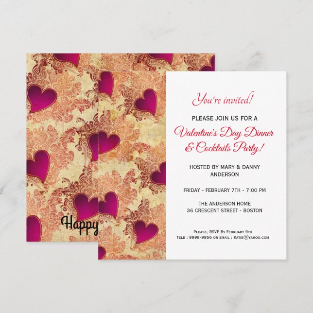 Herz-Abendessen u. Cocktail-Valentinstag laden ein Einladung (Vorne/Hinten)
