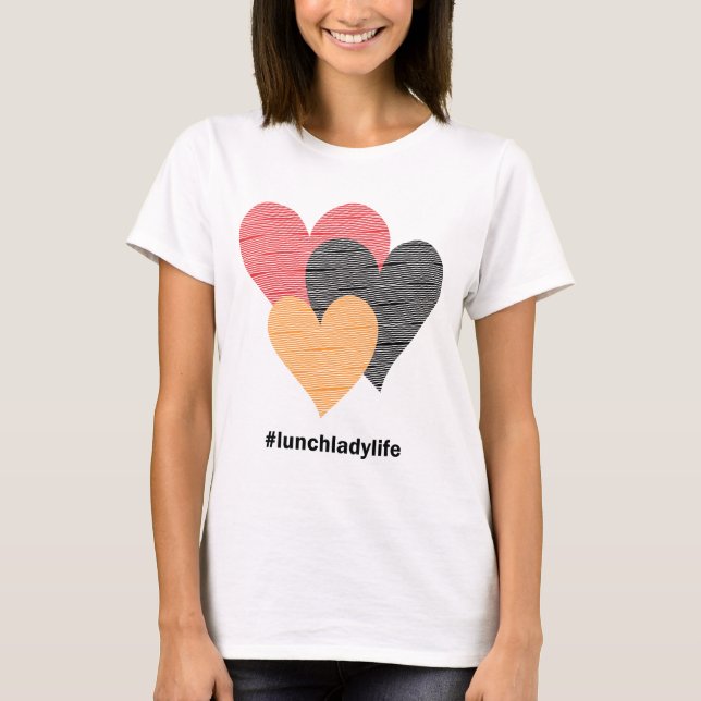 Herz auf Streifen gedruckte Lunch Lady Valentine T-Shirt (Vorderseite)