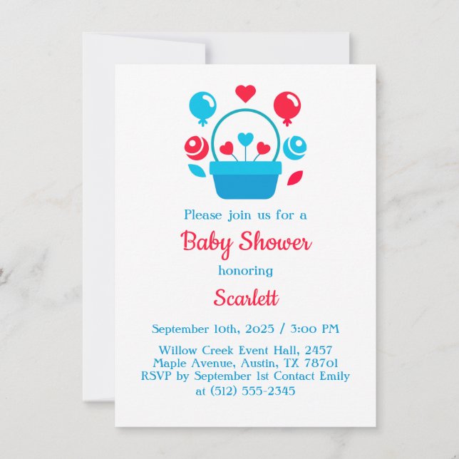 Herz, Ballons und Herzkorb Einladung (Rückseite)