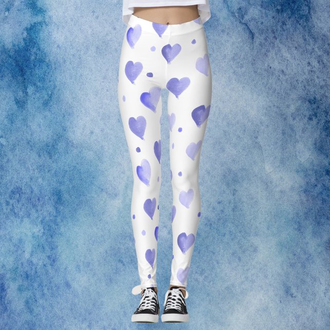 Herz-blaues Wasserfarbmuster Leggings (A pair of leggings with a fun pattern of blue watercolor hearts and dots.)