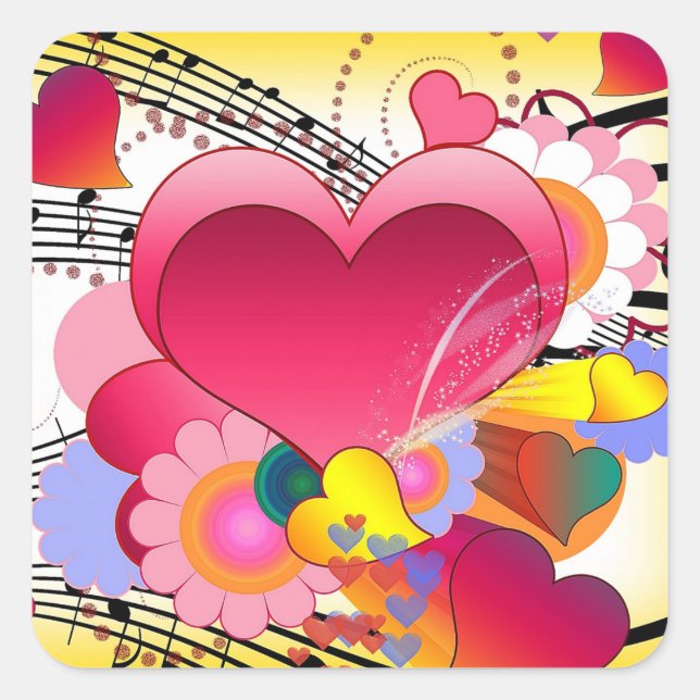 Herz-Blume und Musiknoten Quadratischer Aufkleber (Vorderseite)