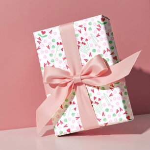 Herz-Blüten-Wiese auf Weiß – Rosa & Rotes Valentin Geschenkpapier