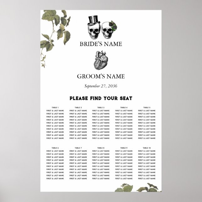 Herz-Blütenskulls Hochzeitstabelle Poster (Vorne)